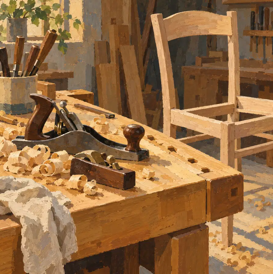 Illustration of woodworking businesses equipment and workspace